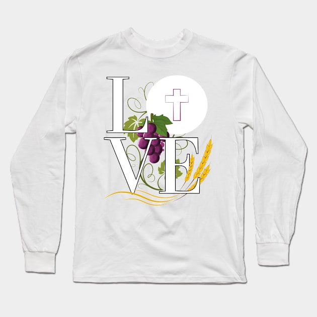 Eucharist LOVE Typography Host Wheat Grapes (white font) Long Sleeve T-Shirt by Brasilia Catholic